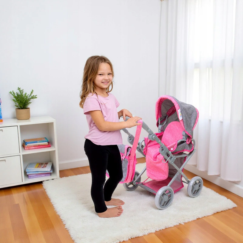 Doris Lėlių vežimėlio rinkinys 3in1, 6 dalių, su nešyne, patalyne, krepšiu ir kilimėliu, pilka / rožinė