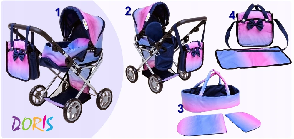 Doris Lėlių vežimėlio rinkinys 3in1, 6 dalių, su nešyne, patalyne, krepšiu ir kilimėliu, įvairiaspalvis