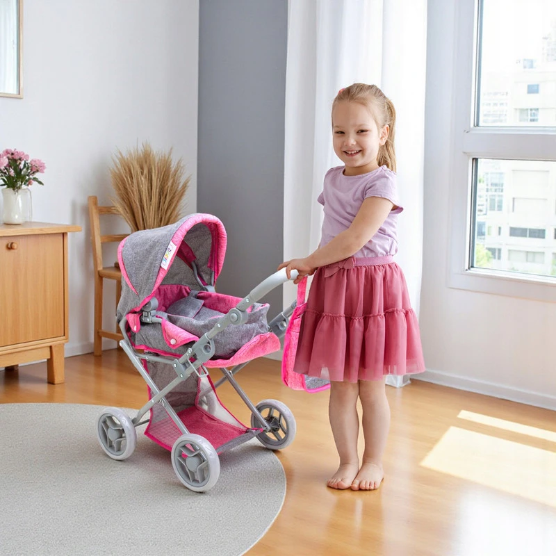 Doris Lėlių vežimėlio rinkinys 3in1, 6 dalių, su nešyne, patalyne, krepšiu ir kilimėliu, pilka / rožinė