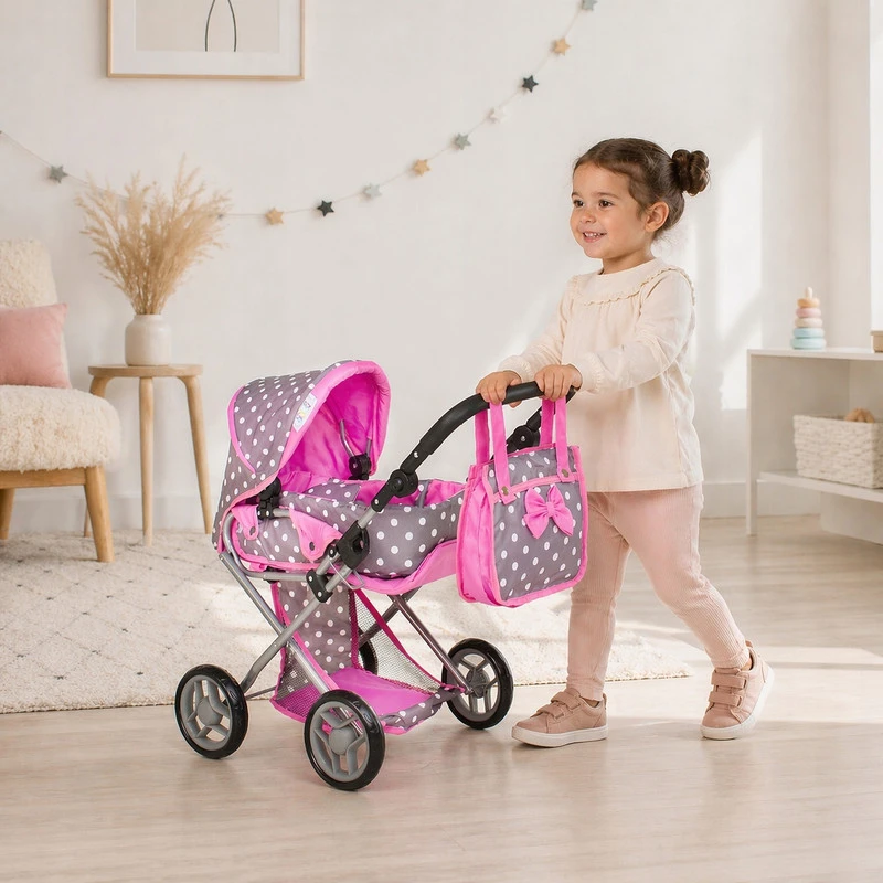 Doris Lėlių vežimėlio rinkinys 3in1, 6 dalių, su nešyne, patalyne, krepšiu ir kilimėliu, rožinis