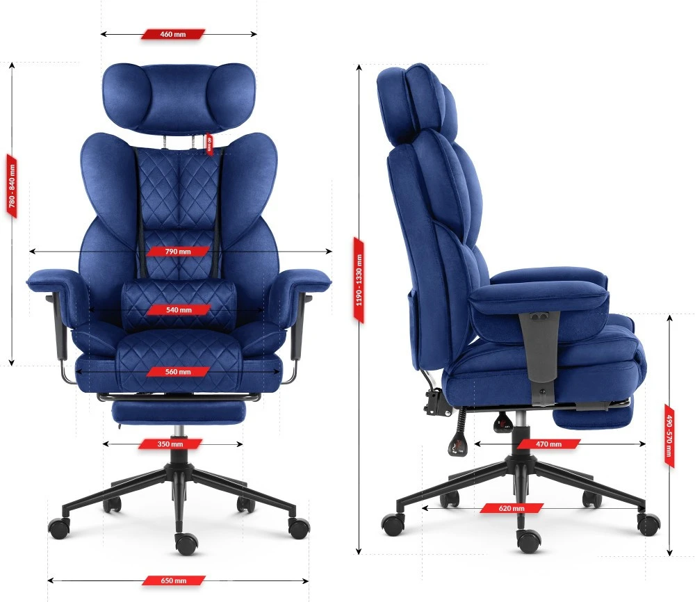 Hells Chair Biuro kėdė su kojų atrama ir reguliuojamais porankiais, veliūrinis audinys, tamsiai mėlyna