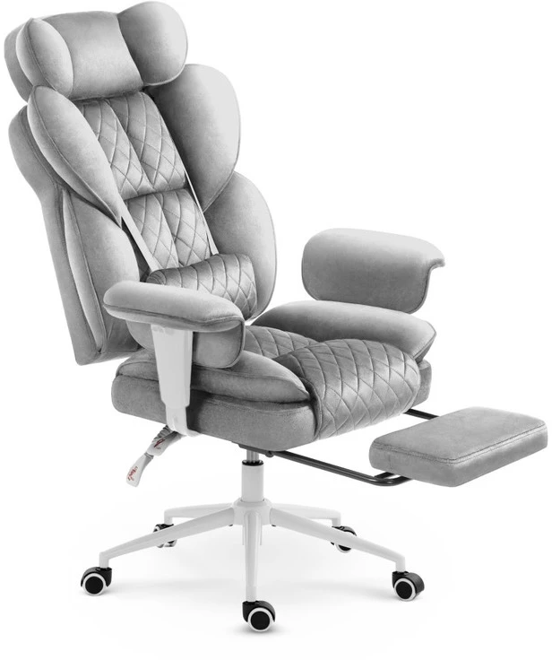 Hells Chair Biuro kėdė su kojų atrama ir reguliuojamais porankiais, veliūrinis audinys, šviesiai pilka
