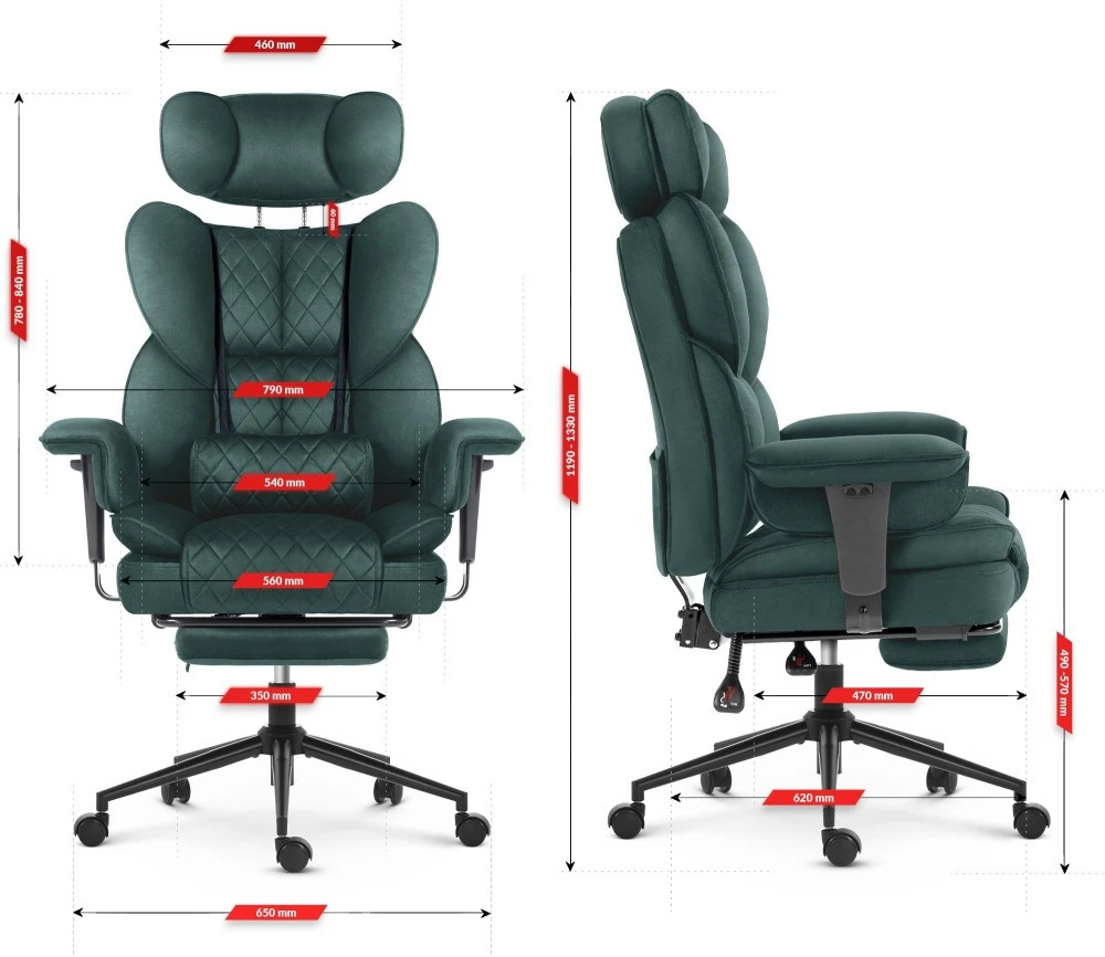 Hells Chair Biuro kėdė su kojų atrama ir reguliuojamais porankiais, veliūrinis audinys, žalia