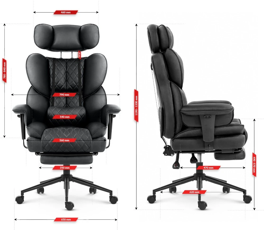 Hells Chair Biuro kėdė su kojų atrama ir reguliuojamais porankiais, dirbtinė oda, juoda