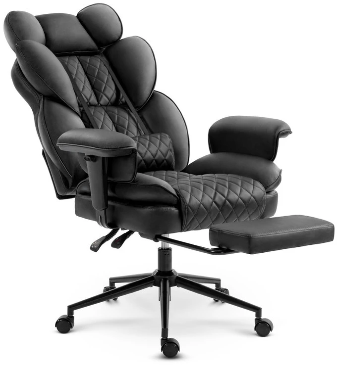 Hells Chair Biuro kėdė su kojų atrama ir reguliuojamais porankiais, dirbtinė oda, juoda