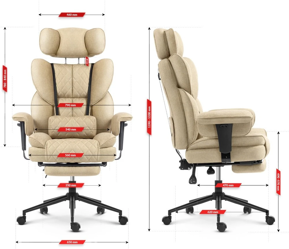 Hells Chair Biuro kėdė su kojų atrama ir reguliuojamais porankiais, audinys, smėlio