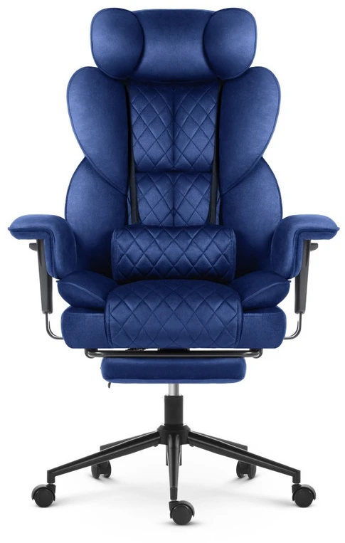 Hells Chair Biuro kėdė su kojų atrama ir reguliuojamais porankiais, veliūrinis audinys, tamsiai mėlyna