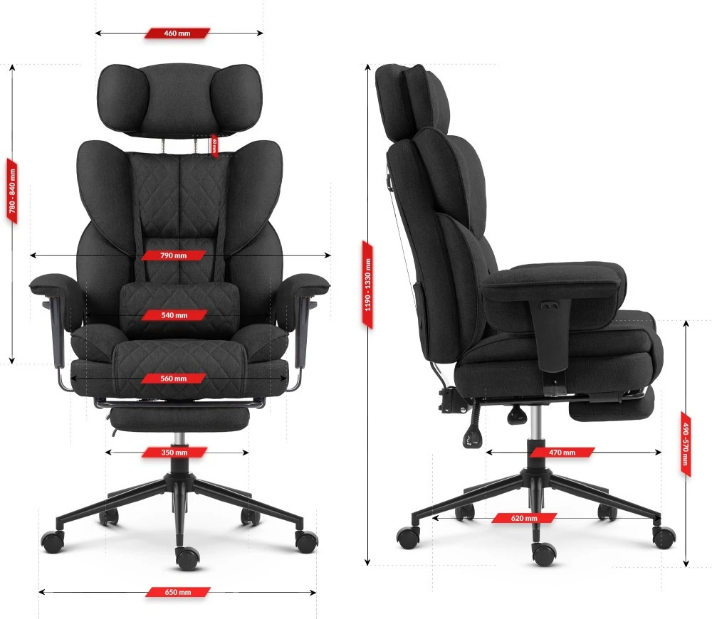 Hells Chair Biuro kėdė su kojų atrama ir reguliuojamais porankiais, audinys, juoda