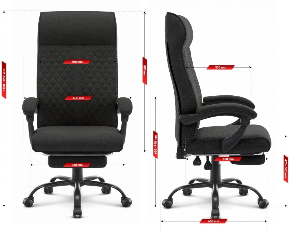 Hells Chair Biuro kėdė su kojų atrama ir spyruokline sėdyne, audinys, juoda
