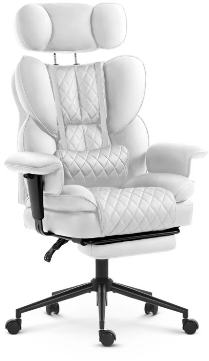 Hells Chair Biuro kėdė su kojų atrama ir reguliuojamais porankiais, dirbtinė oda, balta