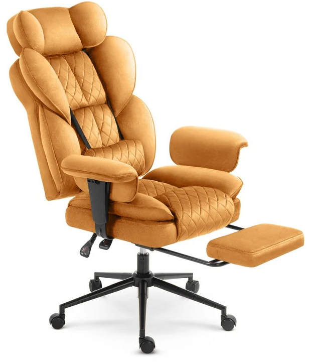 Hells Chair Biuro kėdė su kojų atrama ir reguliuojamais porankiais, veliūrinis audinys, garstyčių geltona