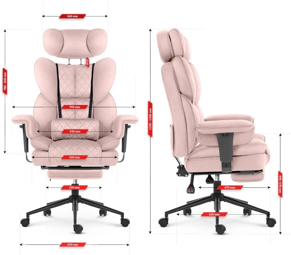 Hells Chair Biuro kėdė su kojų atrama ir reguliuojamais porankiais, veliūrinis audinys, rožinė