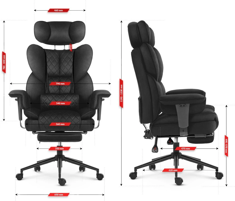 Hells Chair Biuro kėdė su kojų atrama ir reguliuojamais porankiais, veliūrinis audinys, juoda