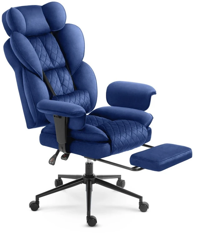 Hells Chair Biuro kėdė su kojų atrama ir reguliuojamais porankiais, veliūrinis audinys, tamsiai mėlyna
