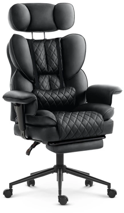 Hells Chair Biuro kėdė su kojų atrama ir reguliuojamais porankiais, dirbtinė oda, juoda