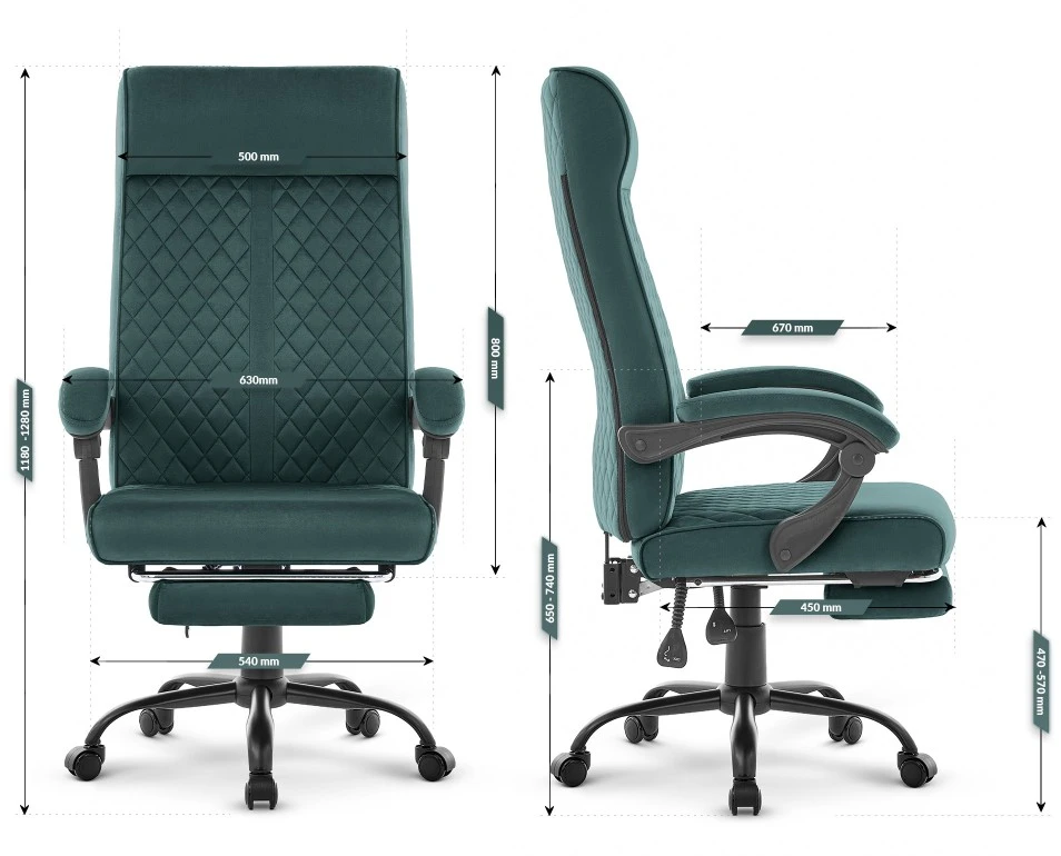 Hells Chair Biuro kėdė su kojų atrama ir spyruokline sėdyne, audinys, žalia