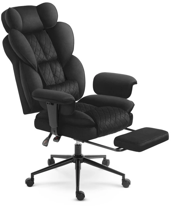 Hells Chair Biuro kėdė su kojų atrama ir reguliuojamais porankiais, veliūrinis audinys, juoda