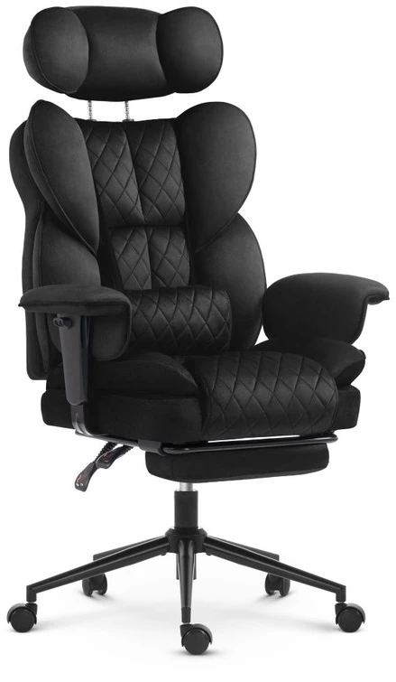 Hells Chair Biuro kėdė su kojų atrama ir reguliuojamais porankiais, veliūrinis audinys, juoda