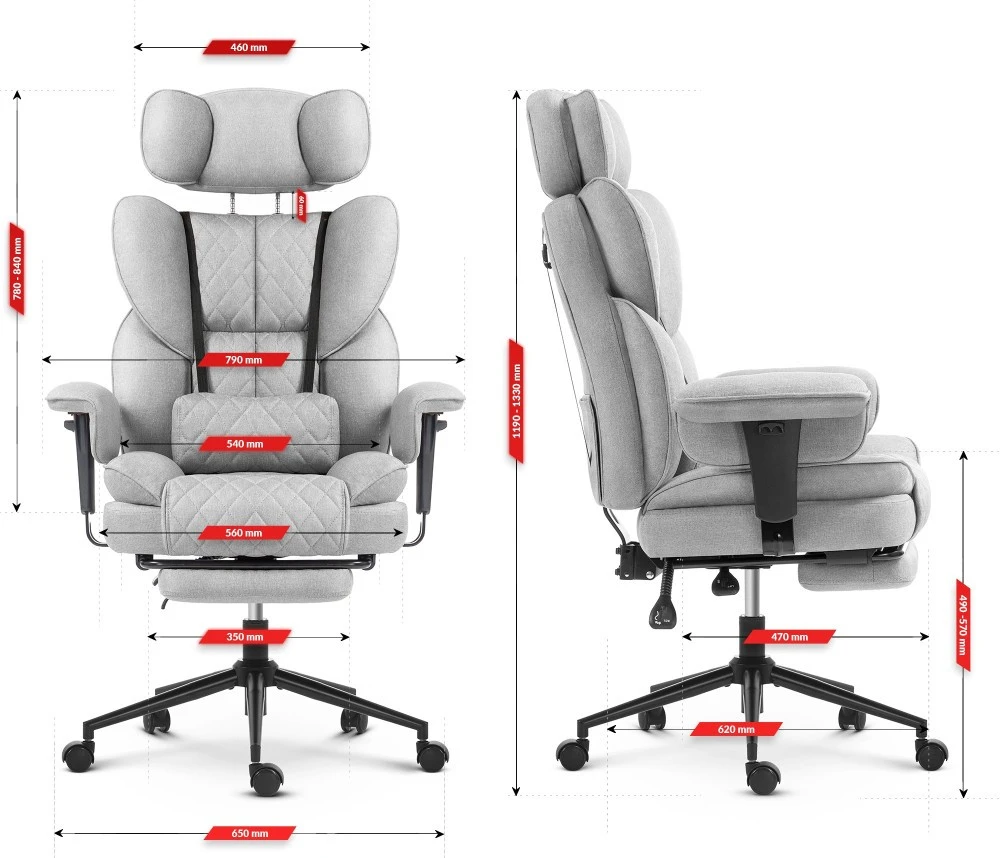 Hells Chair Biuro kėdė su kojų atrama ir reguliuojamais porankiais, audinys, pilka