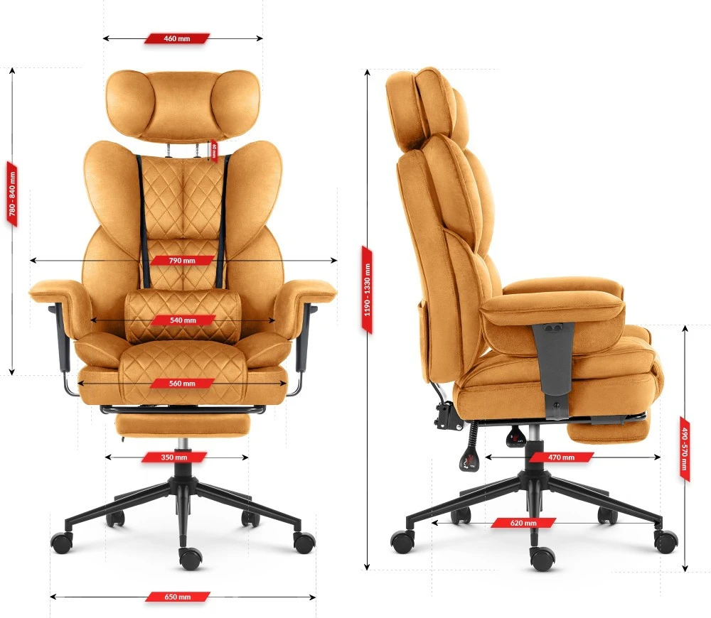 Hells Chair Biuro kėdė su kojų atrama ir reguliuojamais porankiais, veliūrinis audinys, garstyčių geltona