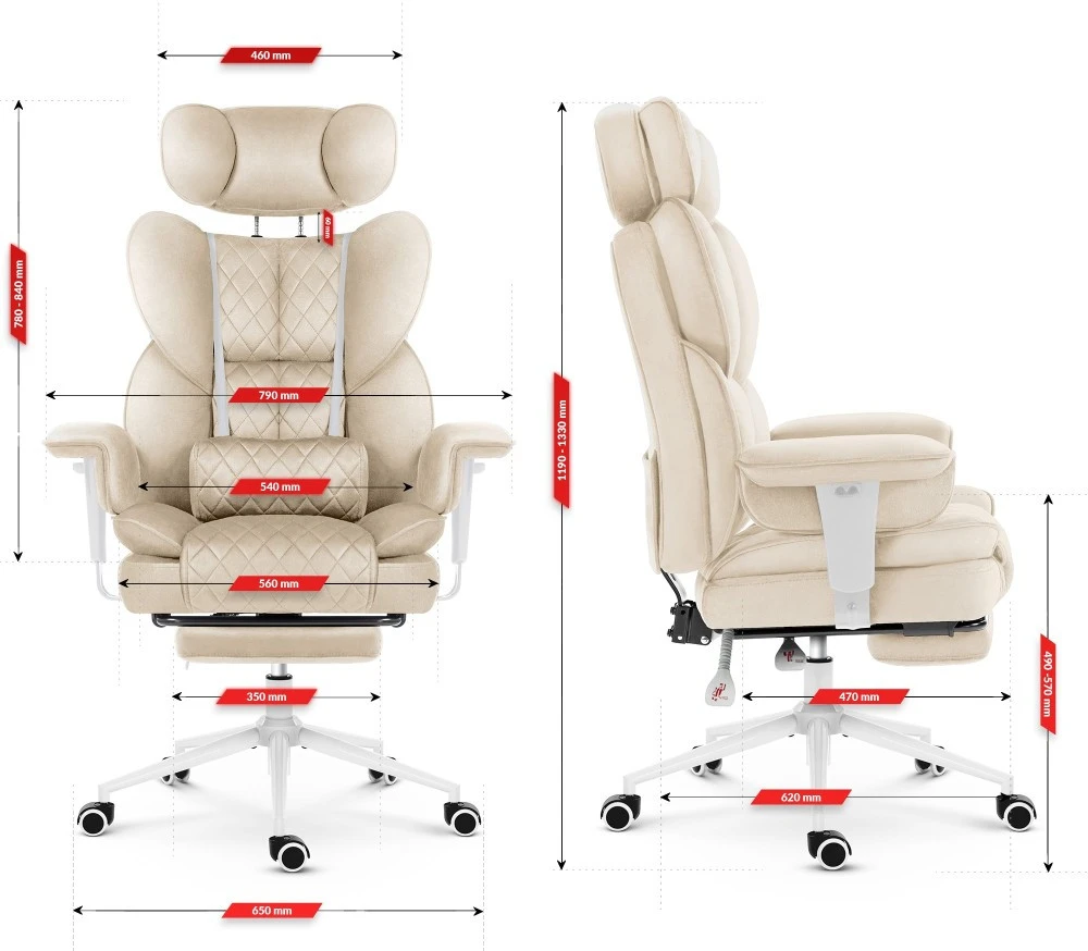 Hells Chair Biuro kėdė su kojų atrama ir reguliuojamais porankiais, veliūrinis audinys, smėlio