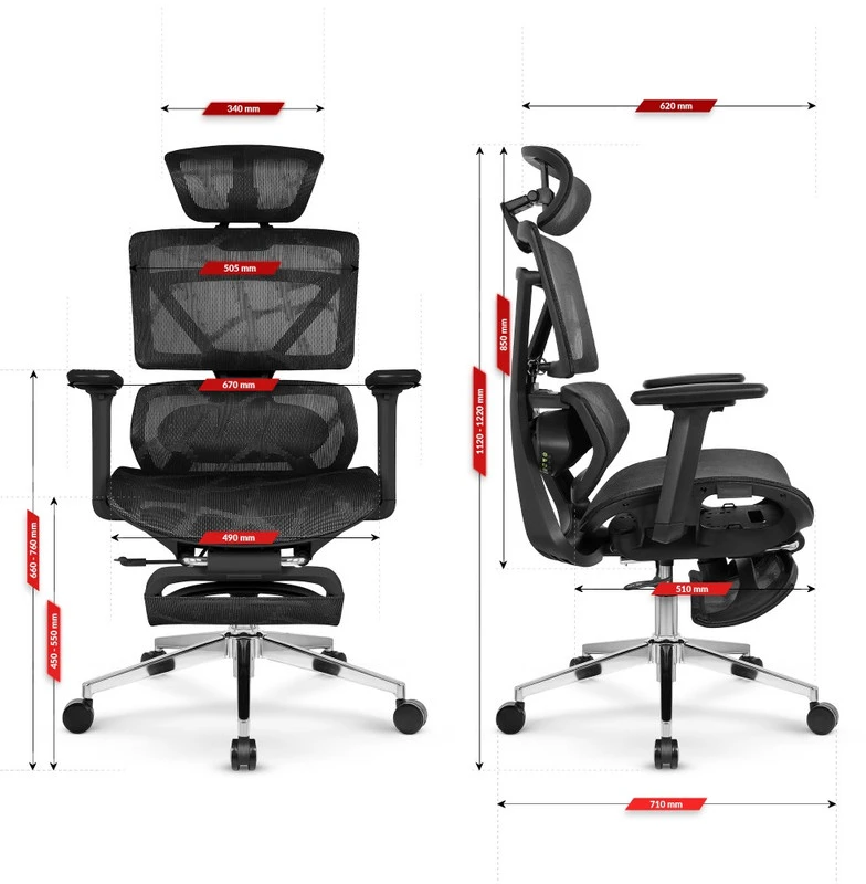 Hells Chair Biuro kėdė su masažuokliu, 4D porankiais ir kojų atrama, juoda