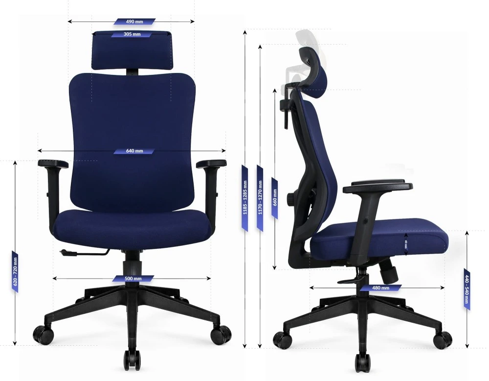 Hells Chair Biuro kėdė su spyruokline sėdyne ir 3D juosmens atrama, audinio apmušalas, tamsiai mėlyna