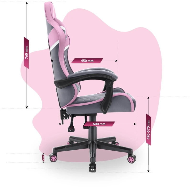 Hells Chair Vaikiška žaidimų kėdė su audinio apmušalu, 125–150 cm ūgiui, pilka / rožinė