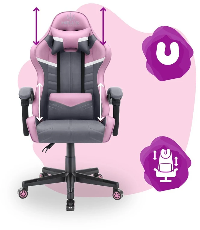 Hells Chair Vaikiška žaidimų kėdė su audinio apmušalu, 125–150 cm ūgiui, pilka / rožinė
