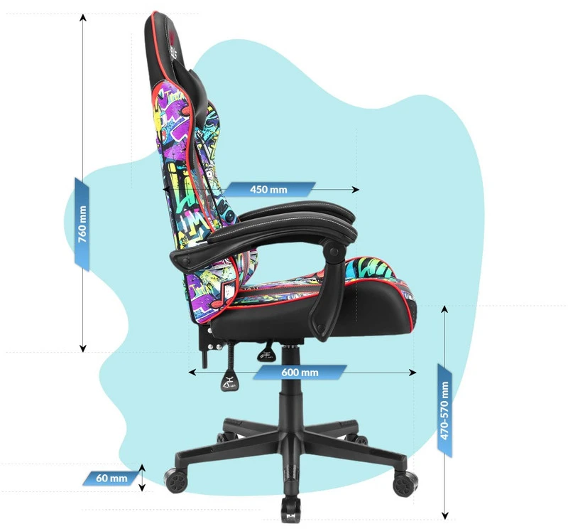 Hells Chair Vaikiška žaidimų kėdė su grafičiais, 125–160 cm ūgiui, įvairiaspalvė