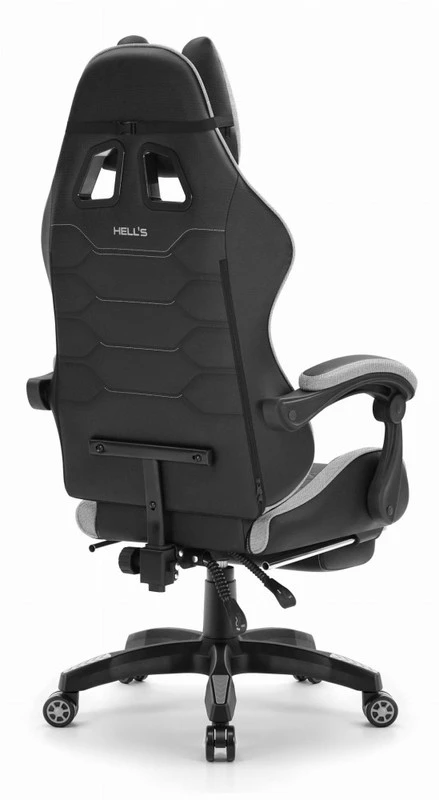 Hells Chair Vaikiška žaidimų kėdė su kojų atrama ir reguliuojamu atlošu, juoda ir pilka