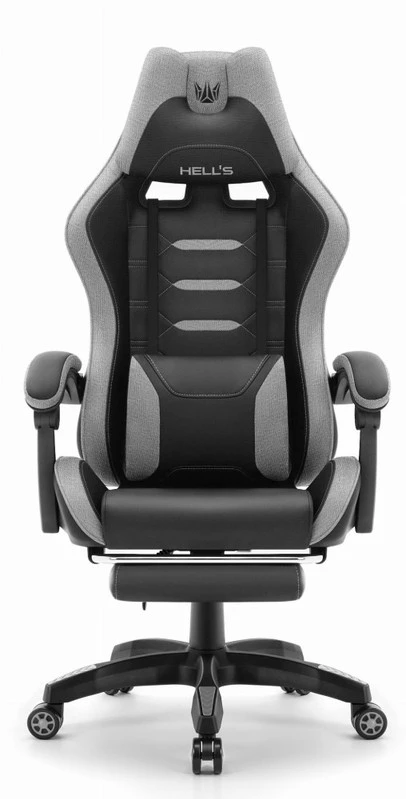 Hells Chair Vaikiška žaidimų kėdė su kojų atrama ir reguliuojamu atlošu, juoda ir pilka