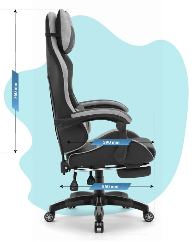Hells Chair Vaikiška žaidimų kėdė su kojų atrama ir reguliuojamu atlošu, juoda ir pilka