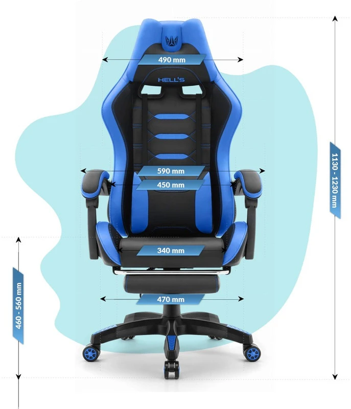 Hells Chair Vaikiška žaidimų kėdė su kojų atrama ir reguliuojamu atlošu, juoda ir mėlyna