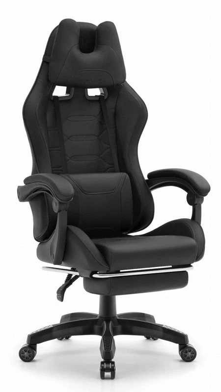 Hells Chair Vaikiška žaidimų kėdė su kojų atrama ir reguliuojamu atlošu, juoda