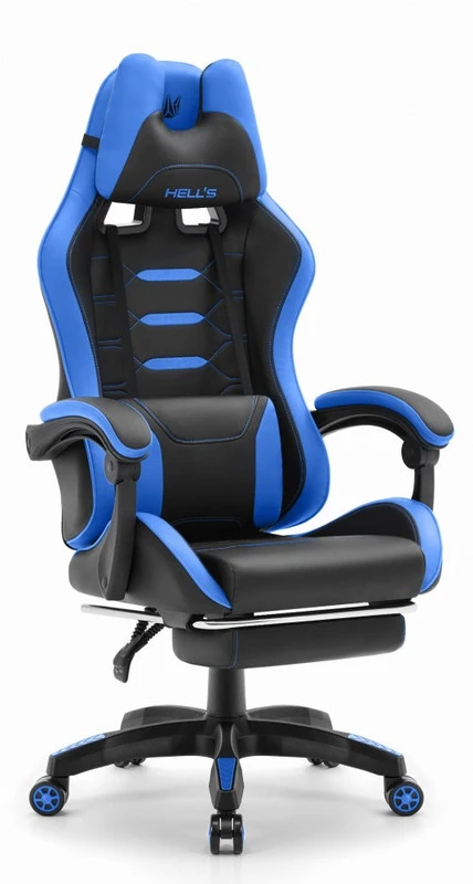 Hells Chair Vaikiška žaidimų kėdė su kojų atrama ir reguliuojamu atlošu, juoda ir mėlyna