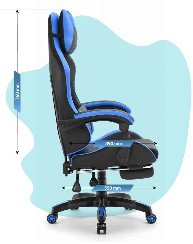Hells Chair Vaikiška žaidimų kėdė su kojų atrama ir reguliuojamu atlošu, juoda ir mėlyna