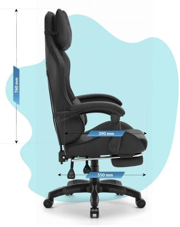 Hells Chair Vaikiška žaidimų kėdė su kojų atrama ir reguliuojamu atlošu, juoda