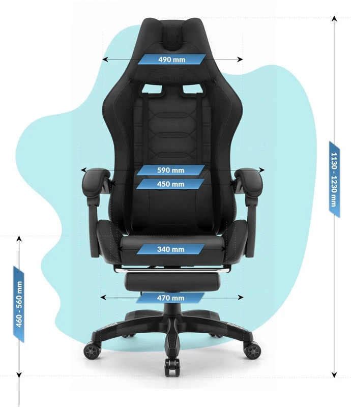 Hells Chair Vaikiška žaidimų kėdė su kojų atrama ir reguliuojamu atlošu, juoda