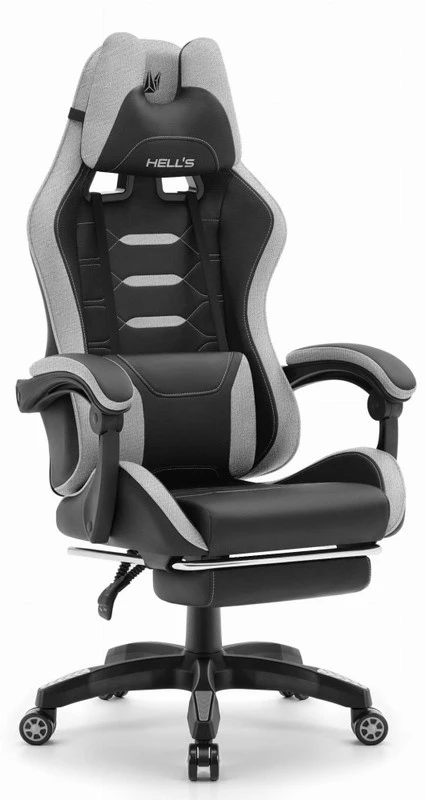 Hells Chair Vaikiška žaidimų kėdė su kojų atrama ir reguliuojamu atlošu, juoda ir pilka