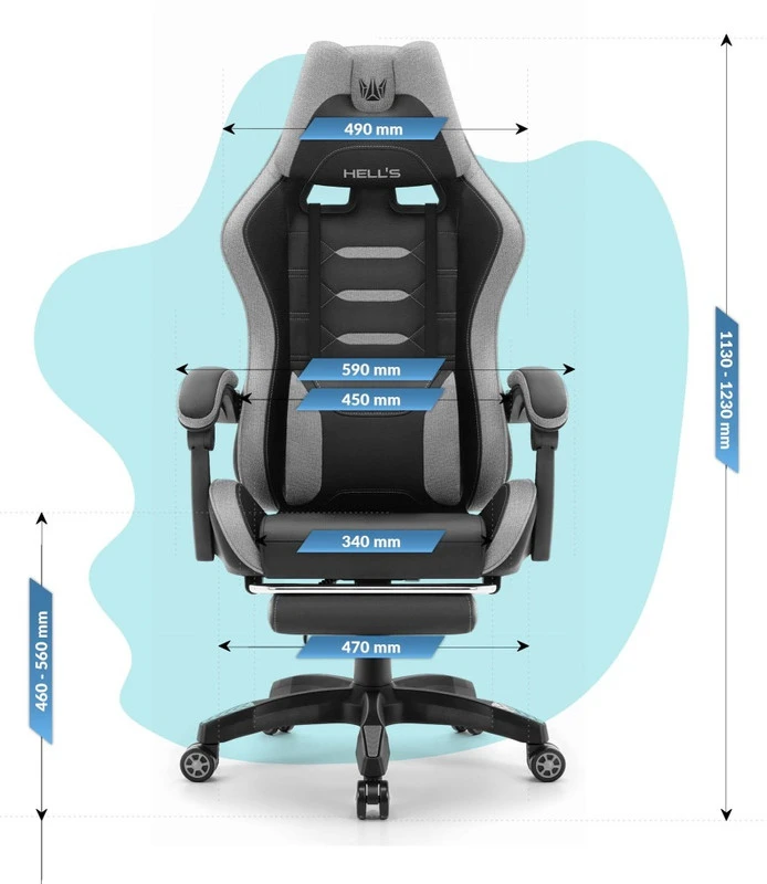 Hells Chair Vaikiška žaidimų kėdė su kojų atrama ir reguliuojamu atlošu, juoda ir pilka