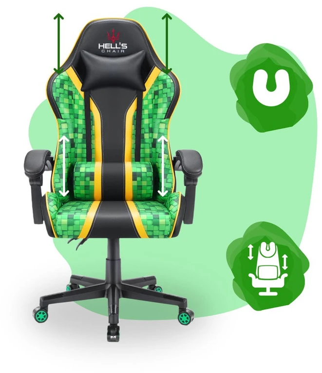 Hells Chair Vaikiška žaidimų kėdė su pagalvėlėmis, 125–160 cm ūgiui, žalia ir juoda