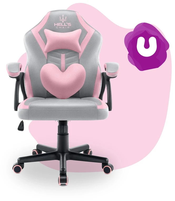 Hells Chair Vaikiška žaidimų kėdė su širdelės formos pagalvėle, pilka ir rožinė