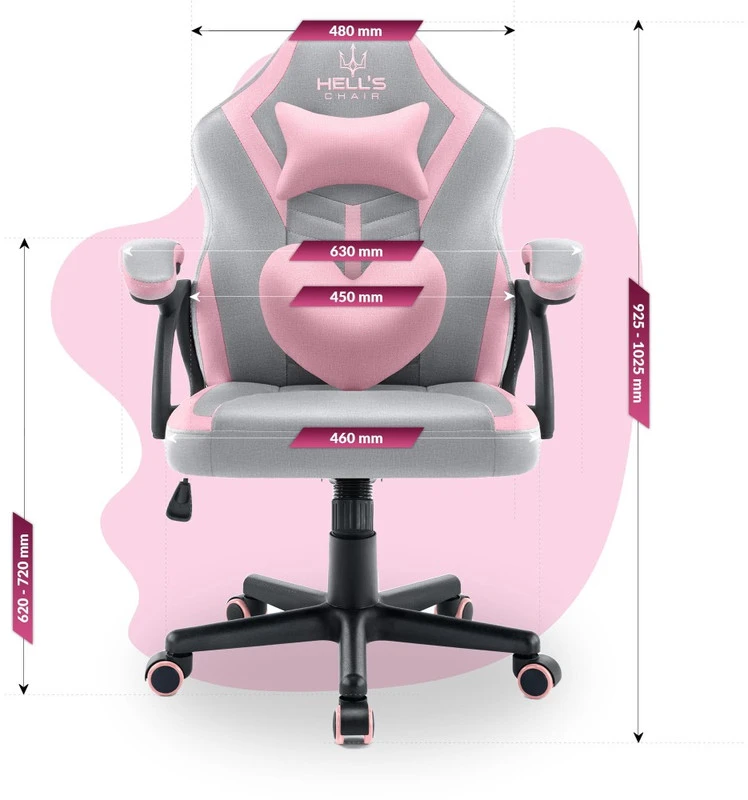Hells Chair Vaikiška žaidimų kėdė su širdelės formos pagalvėle, pilka ir rožinė