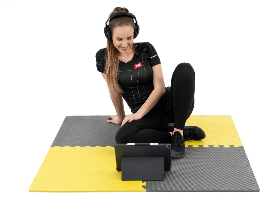 Hop Sport Sportinis dėlionės kilimėlis treniruotėms ir grindų apsaugai, 120x120 cm, 4 dalių, pilkas / geltonas