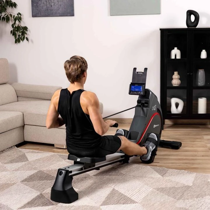 Hop Sport Sulankstomas magnetinis irklavimo treniruoklis su 16 pasipriešinimo lygių ir Bluetooth, iki 150 kg, pilkas
