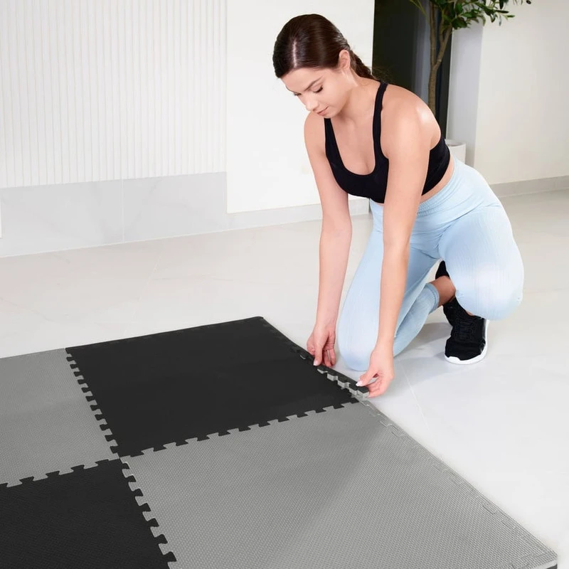 Hop Sport Sutveriamas apsauginis kilimėlis treniruotėms iš EVA putų, 120x120 cm, 4 dalys, juodas / pilkas