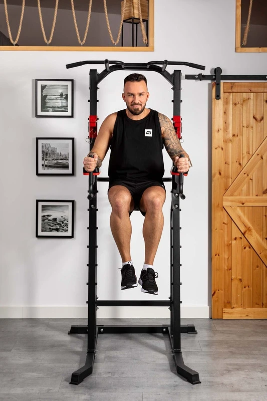 Hop Sport Treniruočių stovas su prisitraukimų skersiniu, lygiagretėmis ir reguliuojamais štangos laikikliais, iki 300 kg