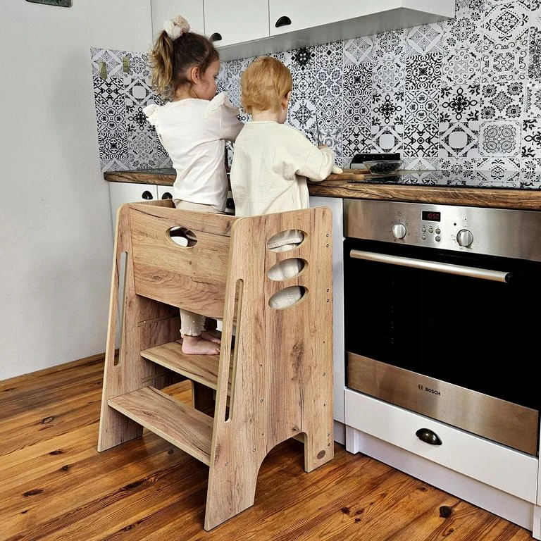 Kidshelper Dvivietis vaikiškas montessori virtuvės bokštelis, 3 aukščio padėtys, nuimama užtvara, ąžuolo ruda
