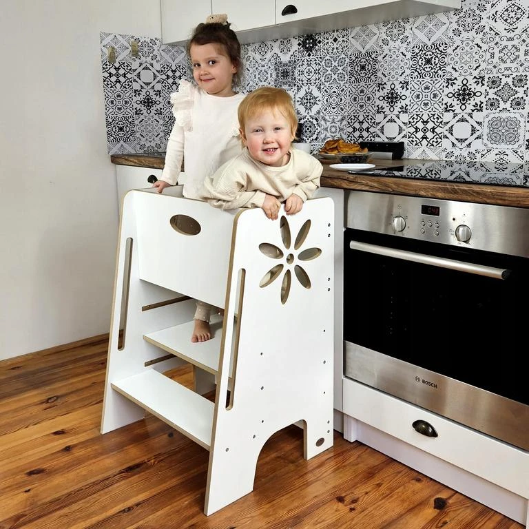 Kidshelper Dvivietis vaikiškas montessori bokštelis, 3 aukščio padėtys, nuimama užtvara, balta